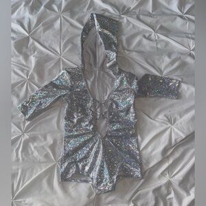 iHeartRaves Silver Sequin Hooded Romper Bodysuit